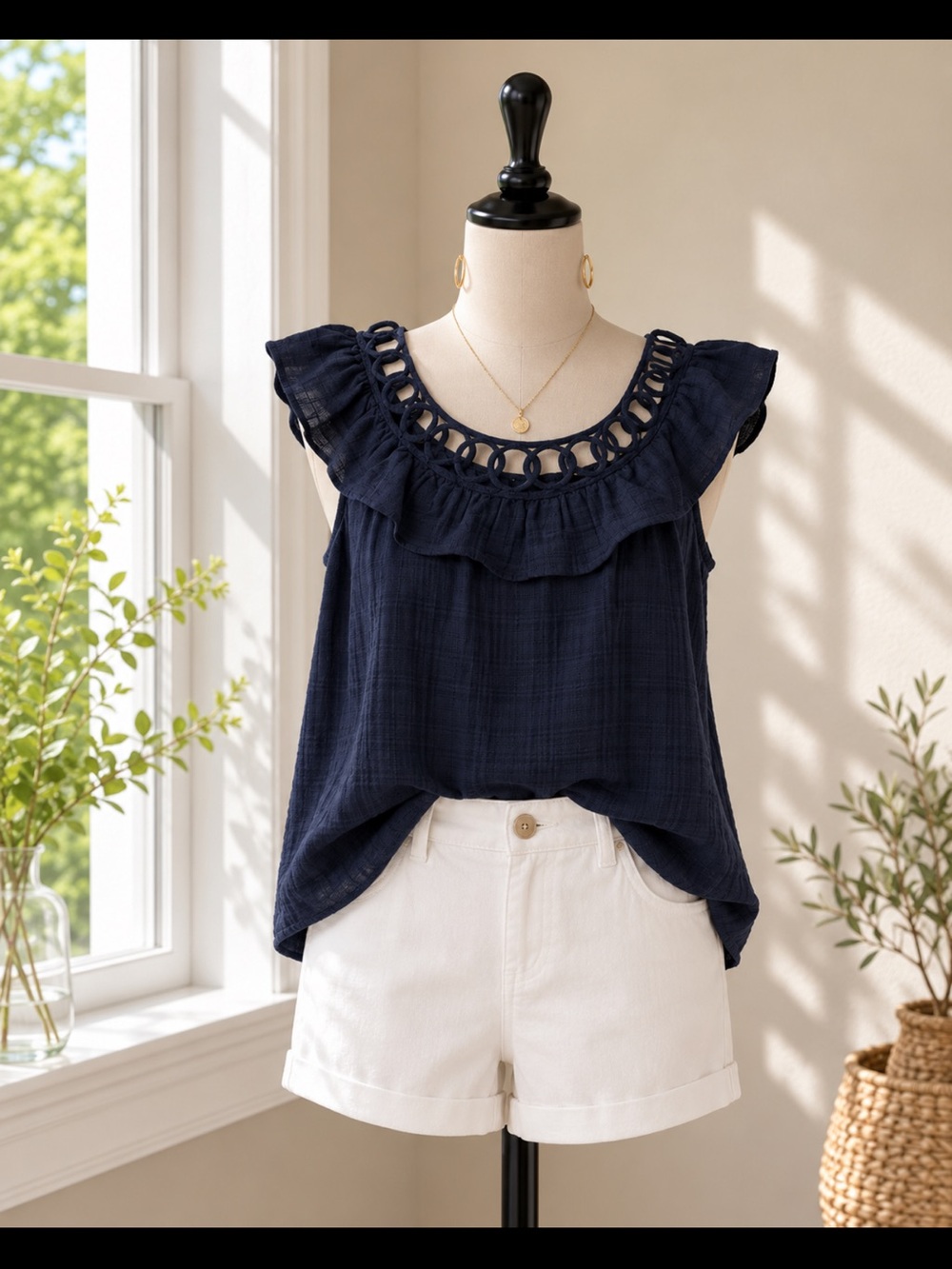 Max Studio Navy Eyelet Ruffle Sleeveless Camisole